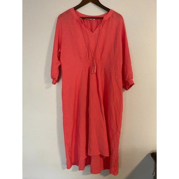 Soft Surroundings Shift Midi Dress Womens Size L Pink Orange 3/4 Sleeve Tie Neck - Picture 1 of 10